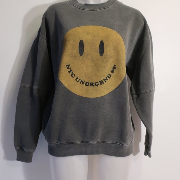 Womens Newtone Gray Yellow Crew Smiley Face NYC Sweatshirt  2 US/L-XL * - Picture 1 of 8